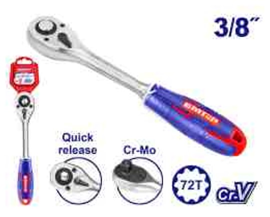 Heavy Duty Professional 3/8 inch 72T Cr-V Ratchet Wrench 205mm Heat Treated - Professional Socket Wrench with Comfortable Three-Color Soft Handle Industrial Fastening Applications